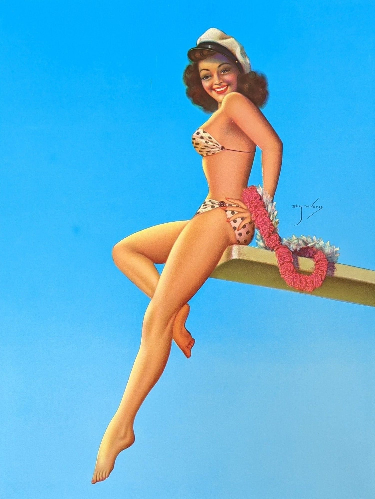 Diving Board by Devorss, mint condition vintage lithograph pinup printed in the 1980s - Pink Flamingos