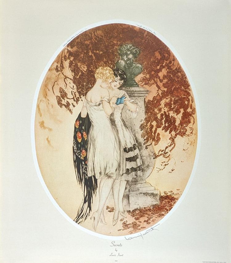 Secrets by Louis Icart, 1920s Art Deco lithograph showing two women sharing intimate moment