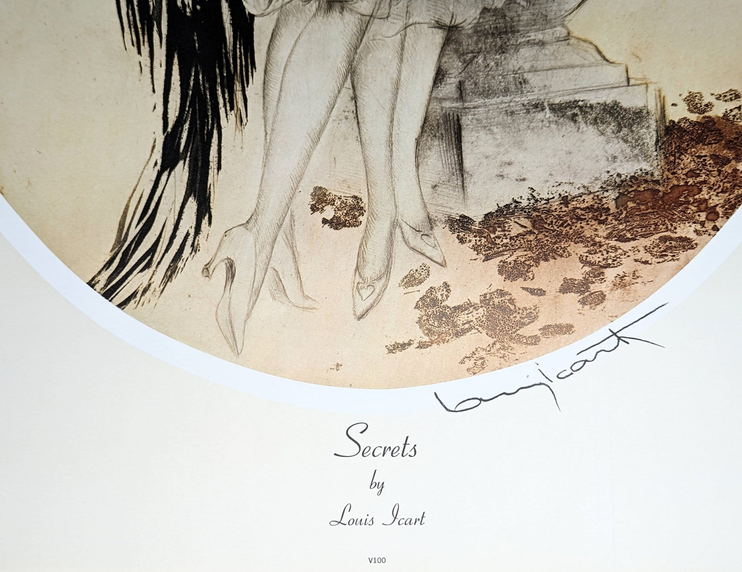 Secrets by Louis Icart, mint condition vintage French Art Deco lithograph printed in the 1970s - Offset Lithograph - Pink Flamingos