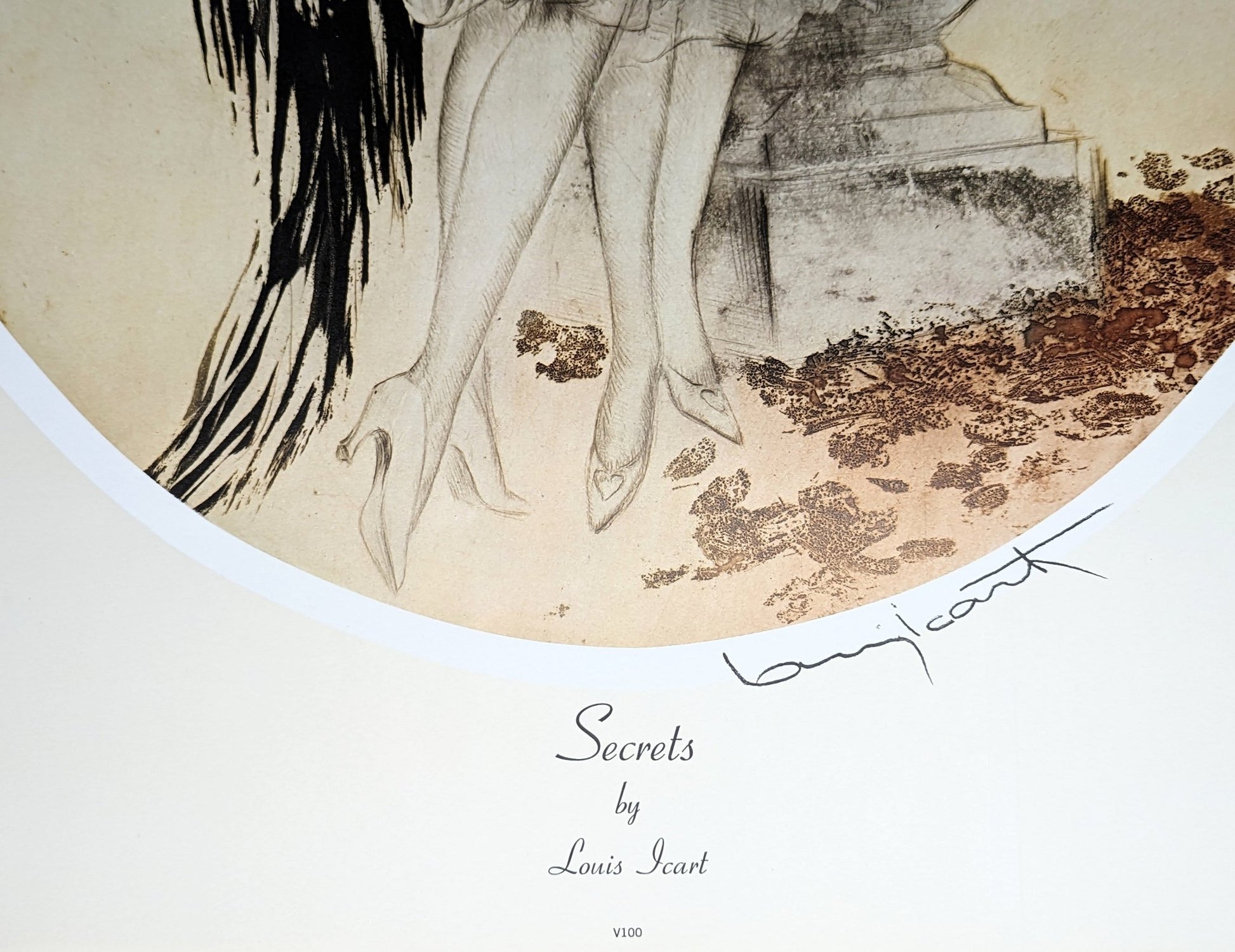 Secrets by Louis Icart, mint condition vintage French Art Deco lithograph printed in the 1970s - Offset Lithograph - Pink Flamingos