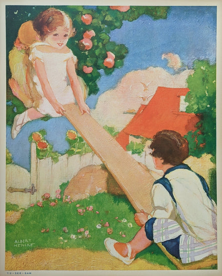 See Saw by Hencke, mint condition vintage nursery room lithograph printed in the 1930s - Offset Lithograph - Pink Flamingos