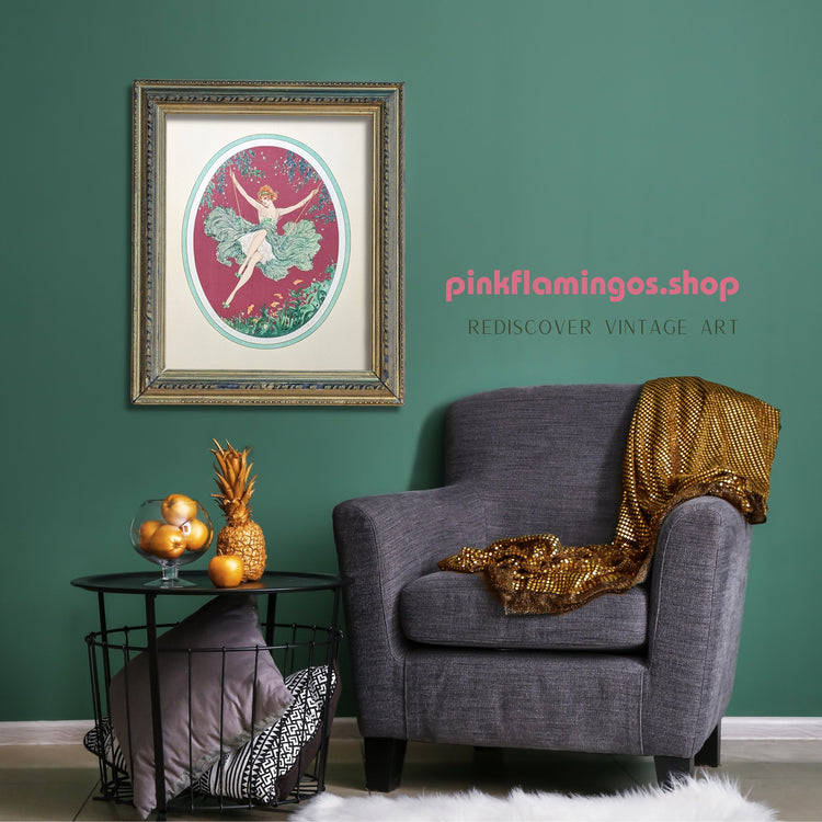 Swing by Le Boulte, mint condition authentic vintage lithograph printed in the 1920s - Offset Lithograph - Pink Flamingos