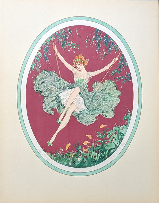 Swing by Le Boulte, mint condition authentic vintage lithograph printed in the 1920s - Offset Lithograph - Pink Flamingos