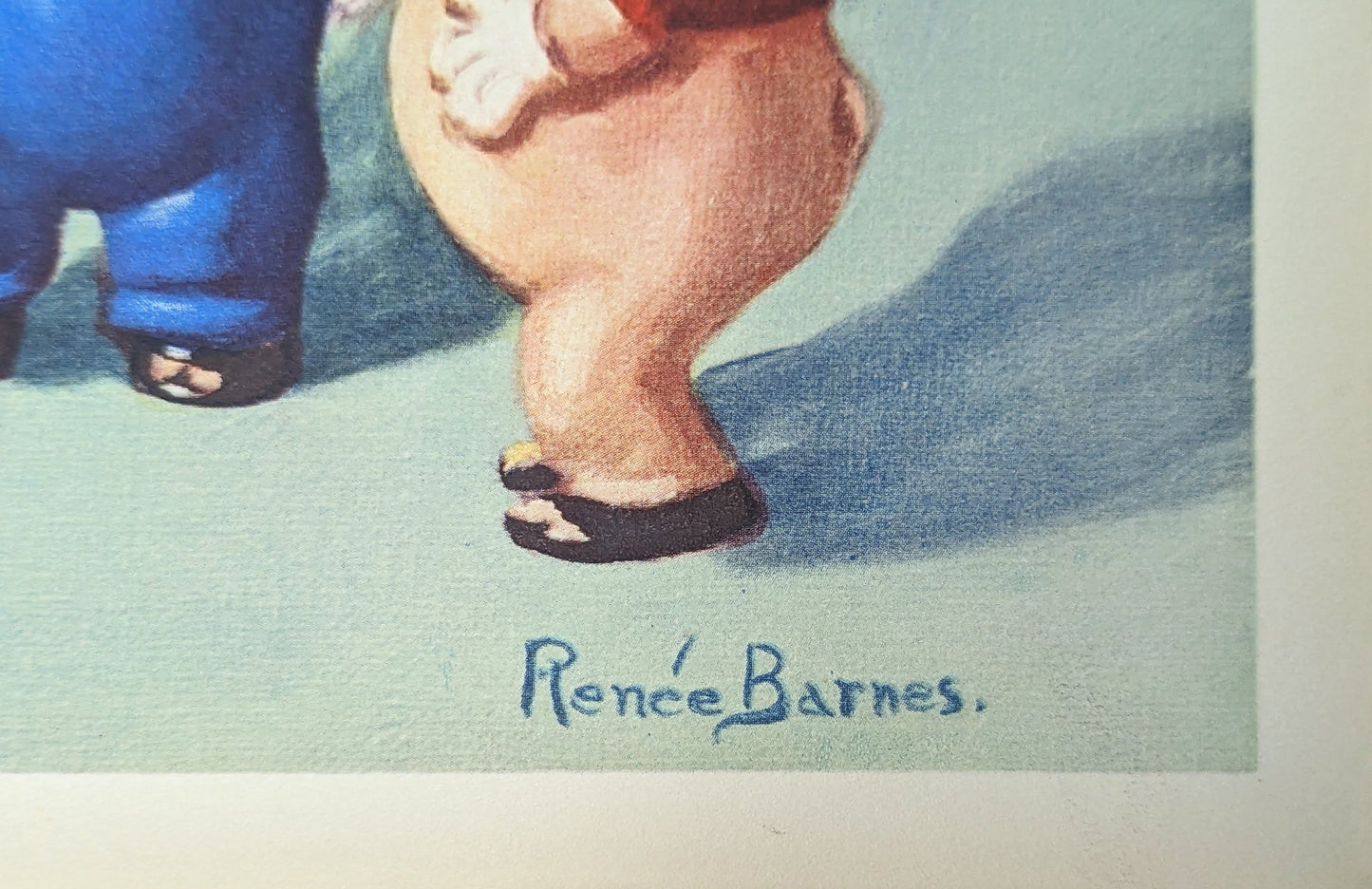 Three Happy Pigs by Renee Barnes, mint condition vintage fairytale nursery lithograph printed in the 1930s - Offset Lithograph - Pink Flamingos