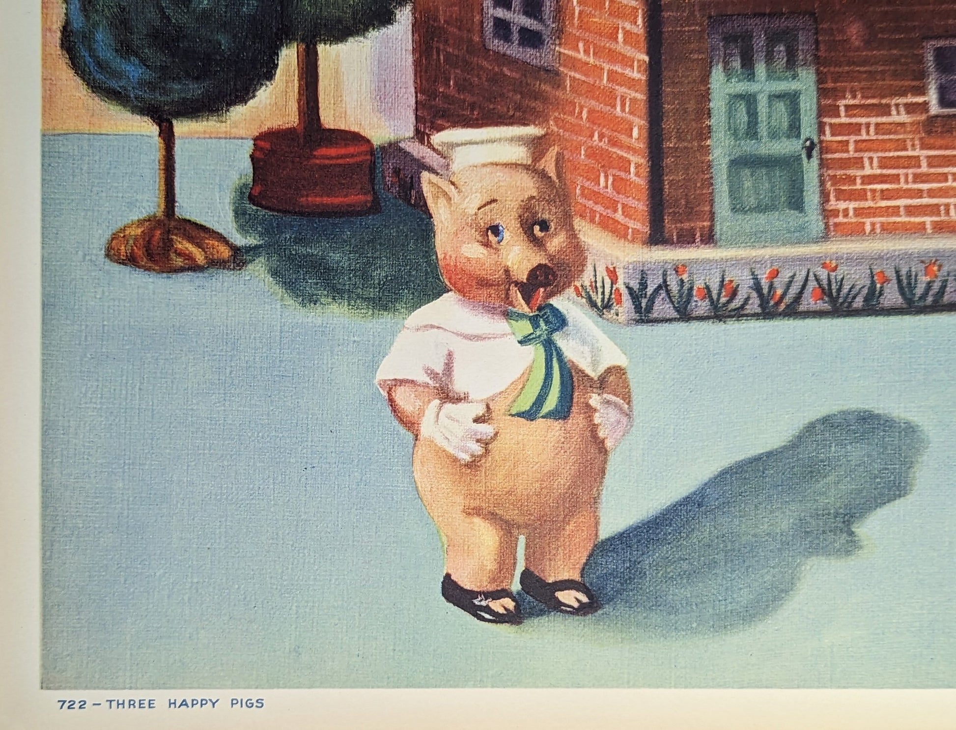 Three Happy Pigs by Renee Barnes, mint condition vintage fairytale nursery lithograph printed in the 1930s - Offset Lithograph - Pink Flamingos