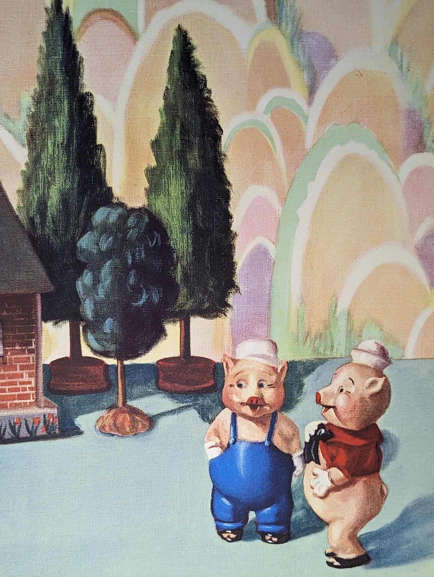 Three Happy Pigs by Renee Barnes, mint condition vintage fairytale nursery lithograph printed in the 1930s - Offset Lithograph - Pink Flamingos
