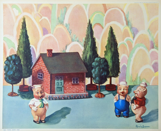 Three Happy Pigs by Renee Barnes, mint condition vintage fairytale nursery lithograph printed in the 1930s - Offset Lithograph - Pink Flamingos