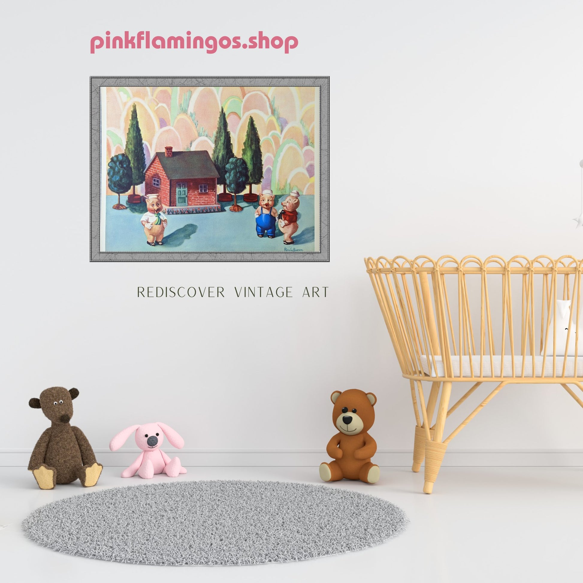Three Happy Pigs by Renee Barnes, mint condition vintage fairytale nursery lithograph printed in the 1930s - Offset Lithograph - Pink Flamingos