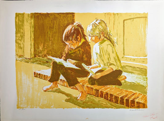 Two Girls Reading a Book by Frank Palmieri, vintage signed and serial numbered stone lithograph circa 1970 - Stone Lithograph - Pink Flamingos