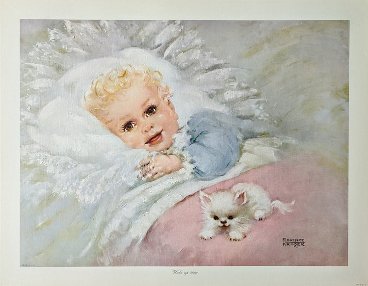 Wake-up Time by Florence Kroger, mint condition vintage lithograph printed in USA, 1958 - Offset Lithograph - Pink Flamingos