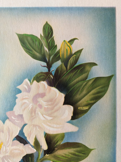 White Gardenia, mint condition vintage lithograph printed circa 1940 - Offset Lithograph - Pink Flamingos