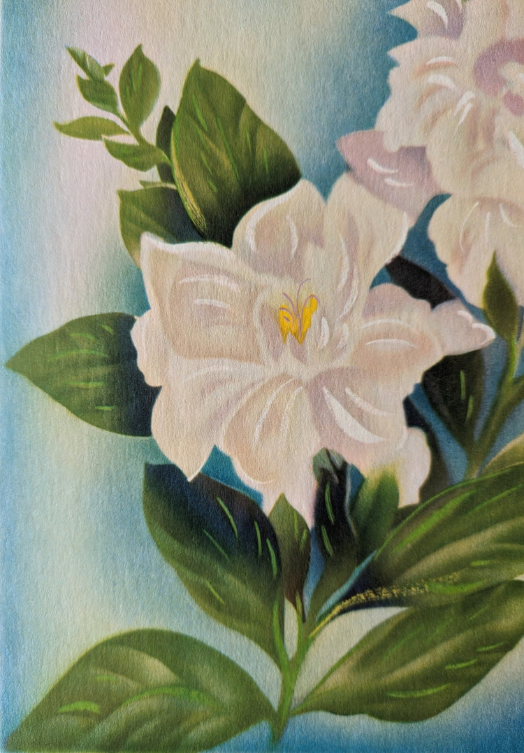 White Gardenia, mint condition vintage lithograph printed circa 1940 - Offset Lithograph - Pink Flamingos