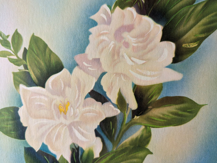 White Gardenia, mint condition vintage lithograph printed circa 1940 - Offset Lithograph - Pink Flamingos